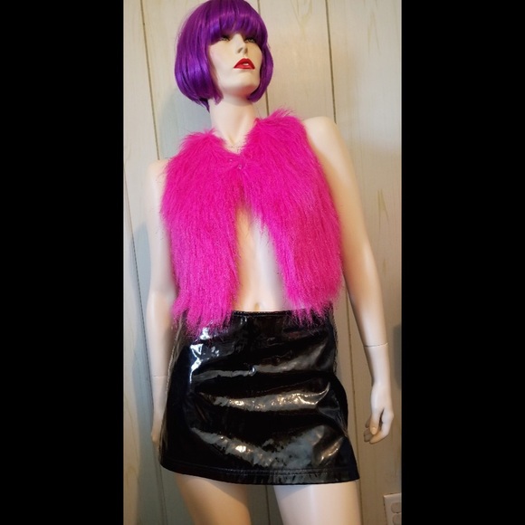 DREAMWORKS Trolls Shimmery Hot Neon Pink Monster Fur Cropped Vest Top - Picture 10 of 10
